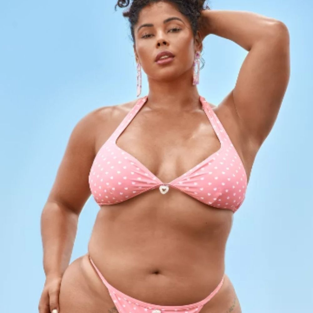 Fashion to Figure ×Tabria Majors NWT 3X 22 Agent Jones Pink Heart Print Swim Top - Picture 3 of 13
